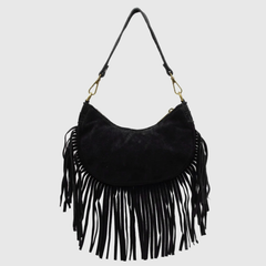 Lola Black Italian Suede Fringed Crossbody & Shoulder Bag