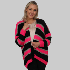 Black Fuchsia Gold Colourblock Striped Cardigan With Glitter