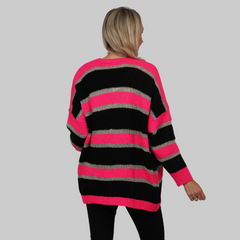 Black Fuchsia Gold Colourblock Striped Cardigan With Glitter