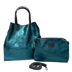 Stella - Leather Metallic Handbag with Pouch - Teal