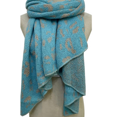 Leopard Print Metallic Thread Knitted Wool Scarf - Turquoise Blue