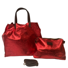 Stella - Leather Metallic Handbag with Pouch - Red