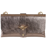 Champagne Bee Emblem Leather Clutch Bag with Gold Chain Strap