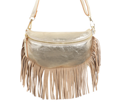 Sophia Gold Half Moon Leather Crossbody Bag With Fringe Trim