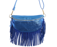 Sophia Bright Blue Half Moon Leather Crossbody Bag With Fringe Trim