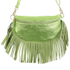 Sophia Lime Half Moon Leather Crossbody Bag With Fringe Trim