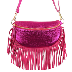 Sophia Fuchsia Half Moon Leather Crossbody Bag With Fringe Trim