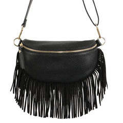 Sophia Black Half Moon Leather Crossbody Bag With Fringe Trim