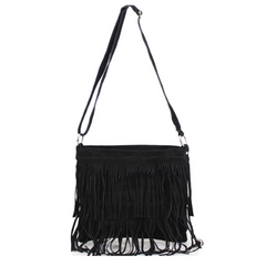 Pippa Suede Leather Tassle Crossbody Bag - Black