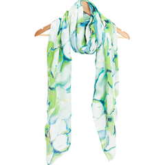 Tie Dye Wave Print Lime Scarf with Gold Metallic Foil – Lightweight Fringed Viscose Wrap