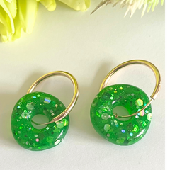 Handmade Sparkling Glitter Green Round Donut Earrings