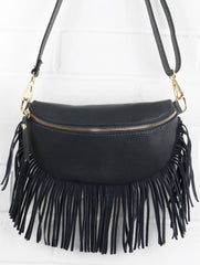 Sophia Navy Half Moon Leather Crossbody Bag With Fringe Trim