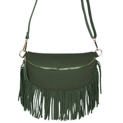 Sophia Khaki Green Half Moon Leather Crossbody Bag With Fringe Trim