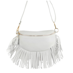 Sophia Light Grey Half Moon Leather Crossbody Bag With Fringe Trim