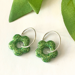 Handmade Green Glitter Flower Earrings