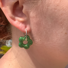 Handmade Green Glitter Flower Earrings