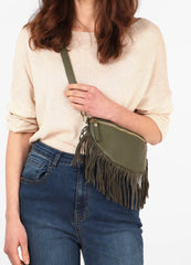 Sophia Khaki Green Half Moon Leather Crossbody Bag With Fringe Trim
