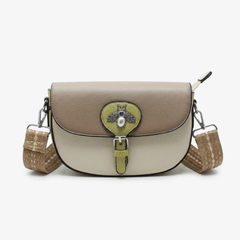 Brooke - Bejewelled Bee Textured Saddle Crossbody Shoulder Handbag | Khaki Faux Leather