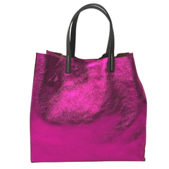Stella - Leather Metallic Handbag with Pouch - Fuchsia Pink