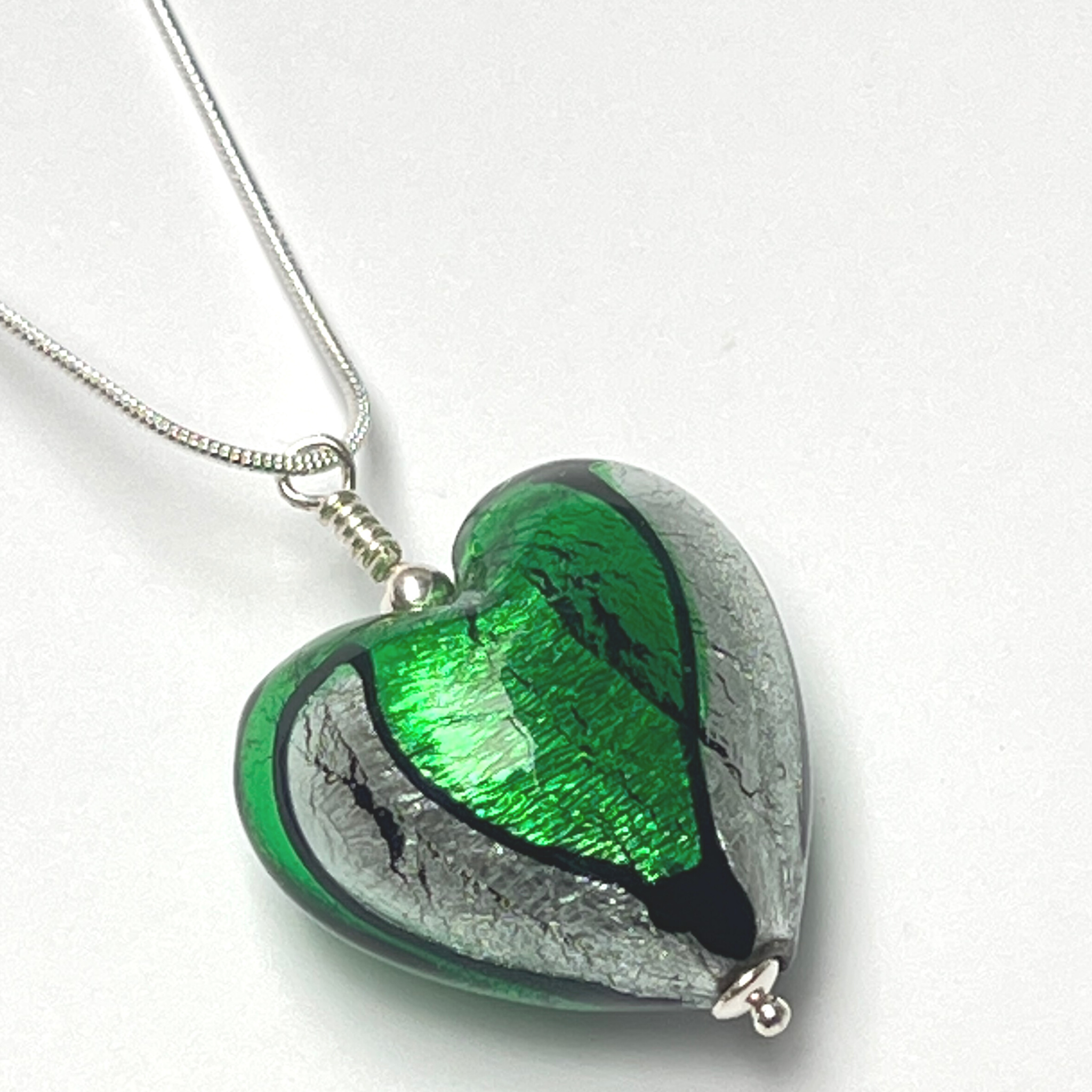 Murano Glass Heart Large Pendant - Emerald & Silver - Majestico Gifts