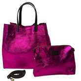 Stella - Leather Metallic Handbag with Pouch - Fuchsia Pink