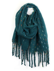 Dark Teal Super Soft Bouclé Scarf with Stitch Detail & Tassels – Chunky Wrap