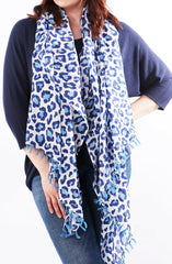 Blue & White Leopard Print Cotton Scarf with Tassels – Lightweight 100% Cotton Wrap