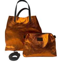 Stella - Leather Metallic Handbag with Pouch - Burnt Orange