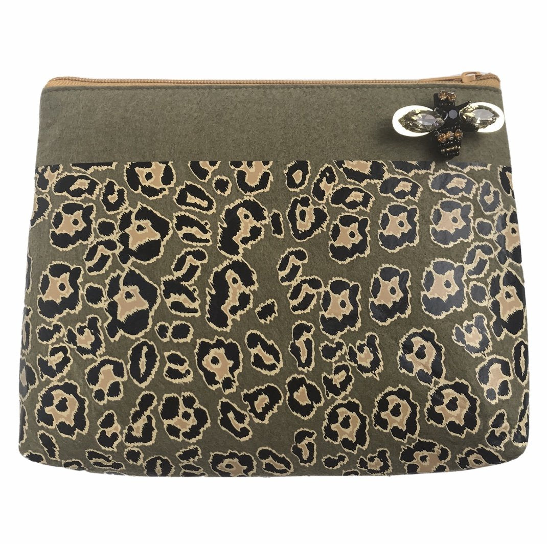 Leopard Print Cosmetics Bag in Military Olive - Majestico Gifts