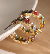 Golden Staggered Multicoloured Crystal Hoop Earrings