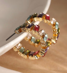 Golden Staggered Multicoloured Crystal Hoop Earrings