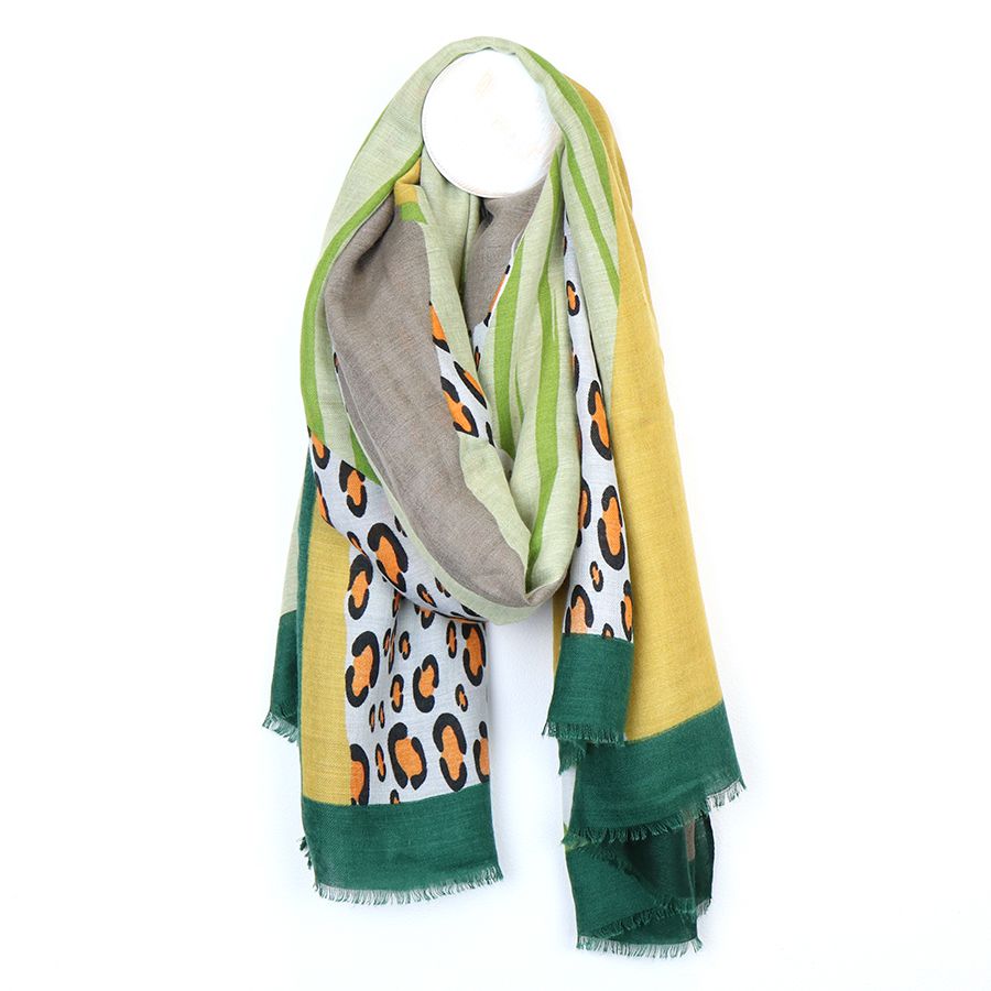 Green Mix Leopard Print Colour Block Print Scarf - Majestico Gifts