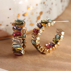 Golden Staggered Multicoloured Crystal Hoop Earrings
