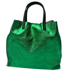 Stella - Leather Metallic Handbag with Pouch - Emerald Green