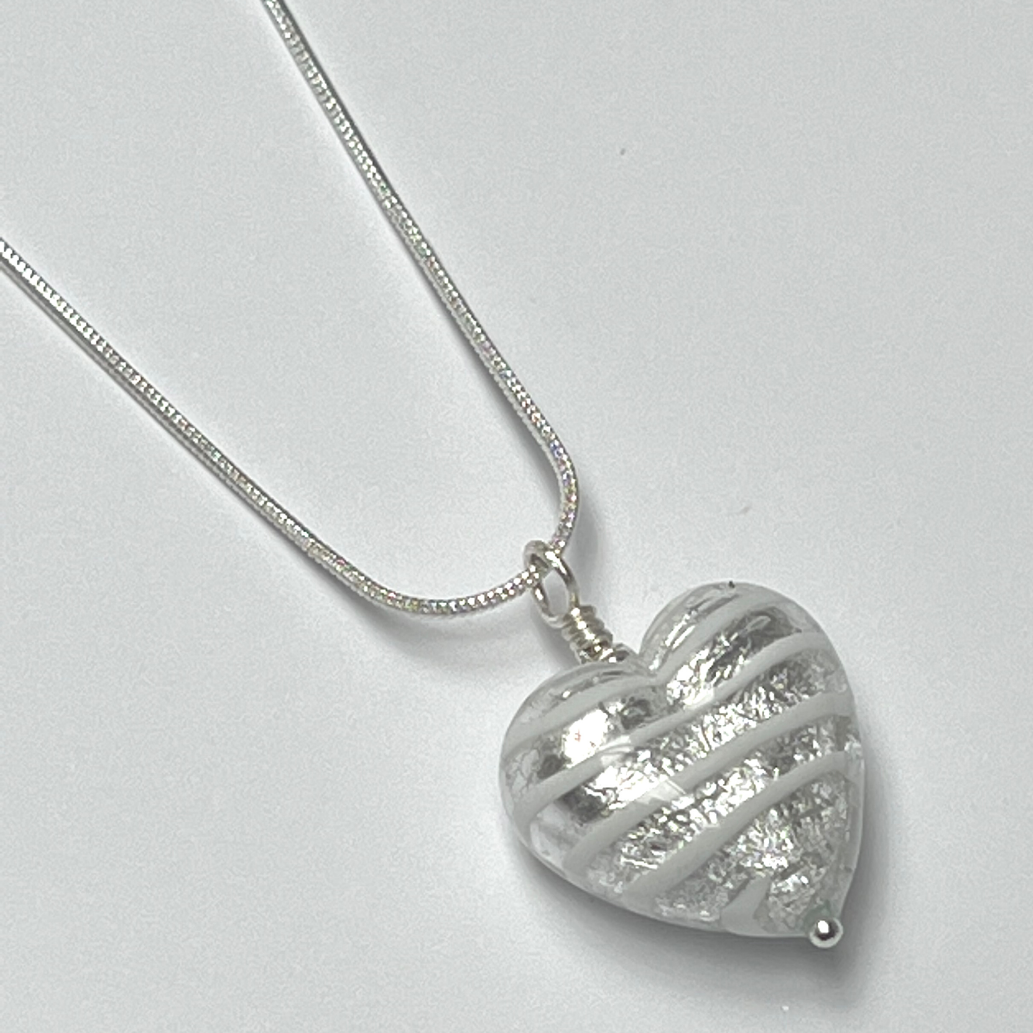 Murano Glass Heart Pendant - Silver White Wave - Majestico Gifts