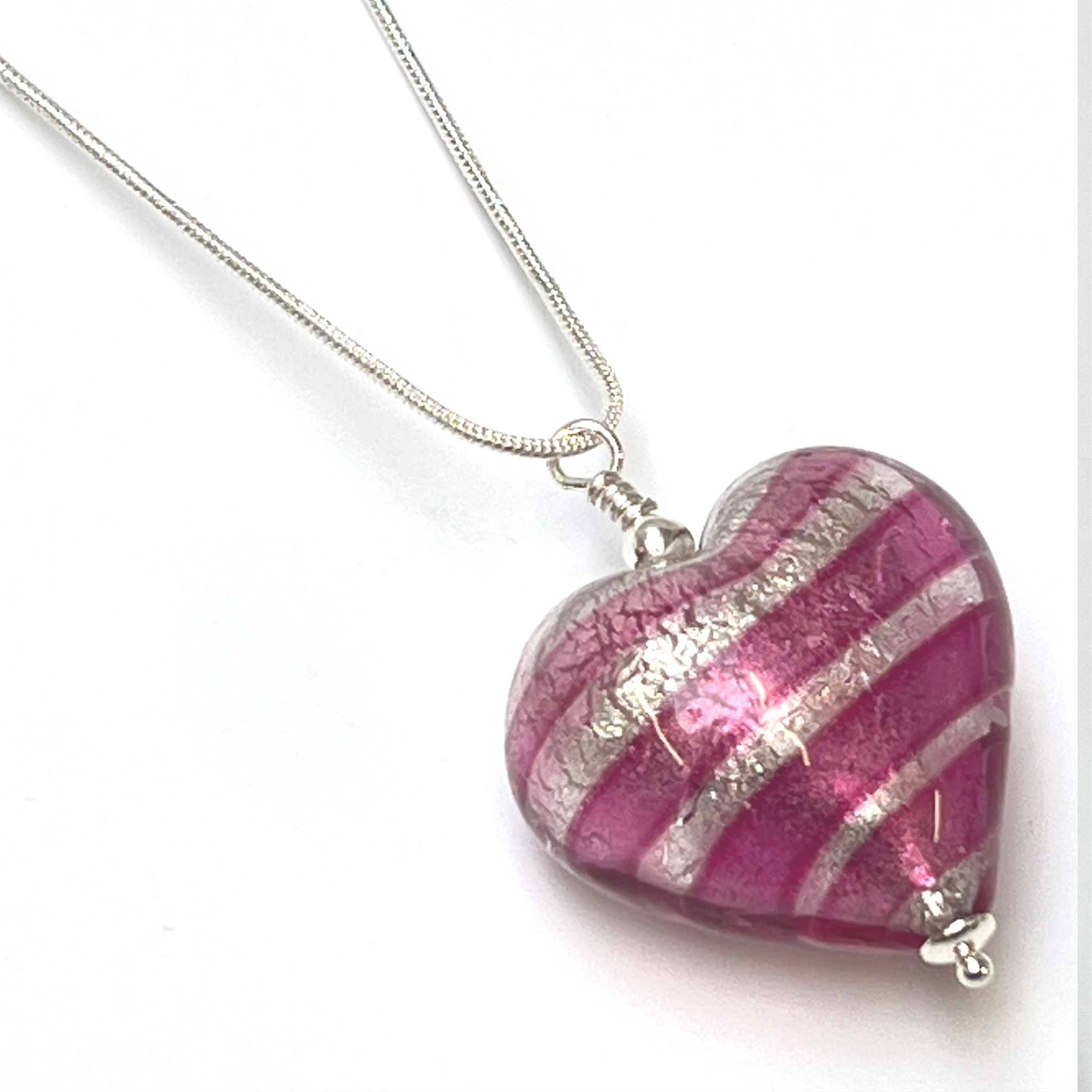Murano Glass Heart Large Pendant - Raspberry Silver Stripe - Majestico Gifts
