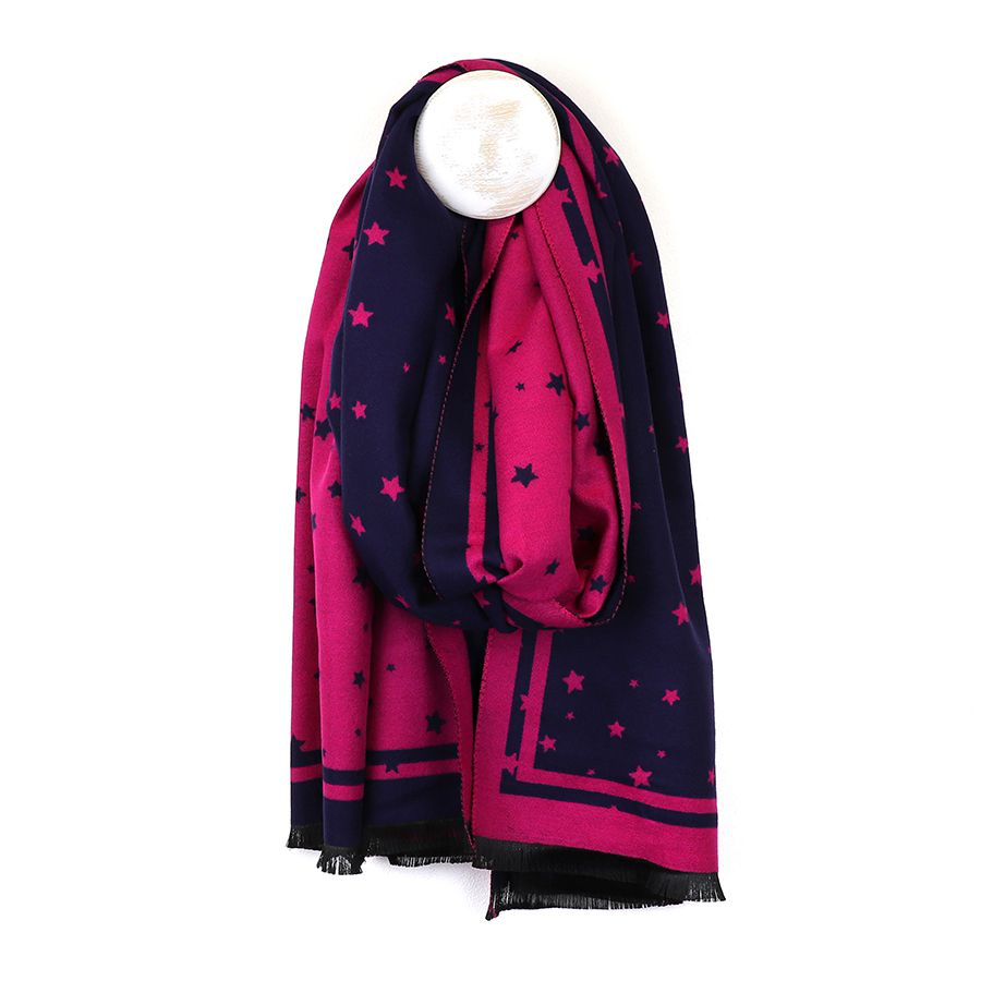 Bright Pink and Navy Reversible Jacquard Star Scarf - Majestico Gifts