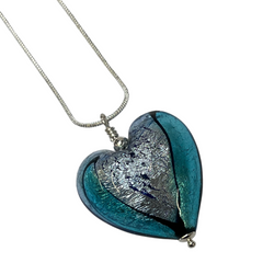 Murano Glass Heart Large Pendant - Blue, Silver, Black design - Majestico Gifts