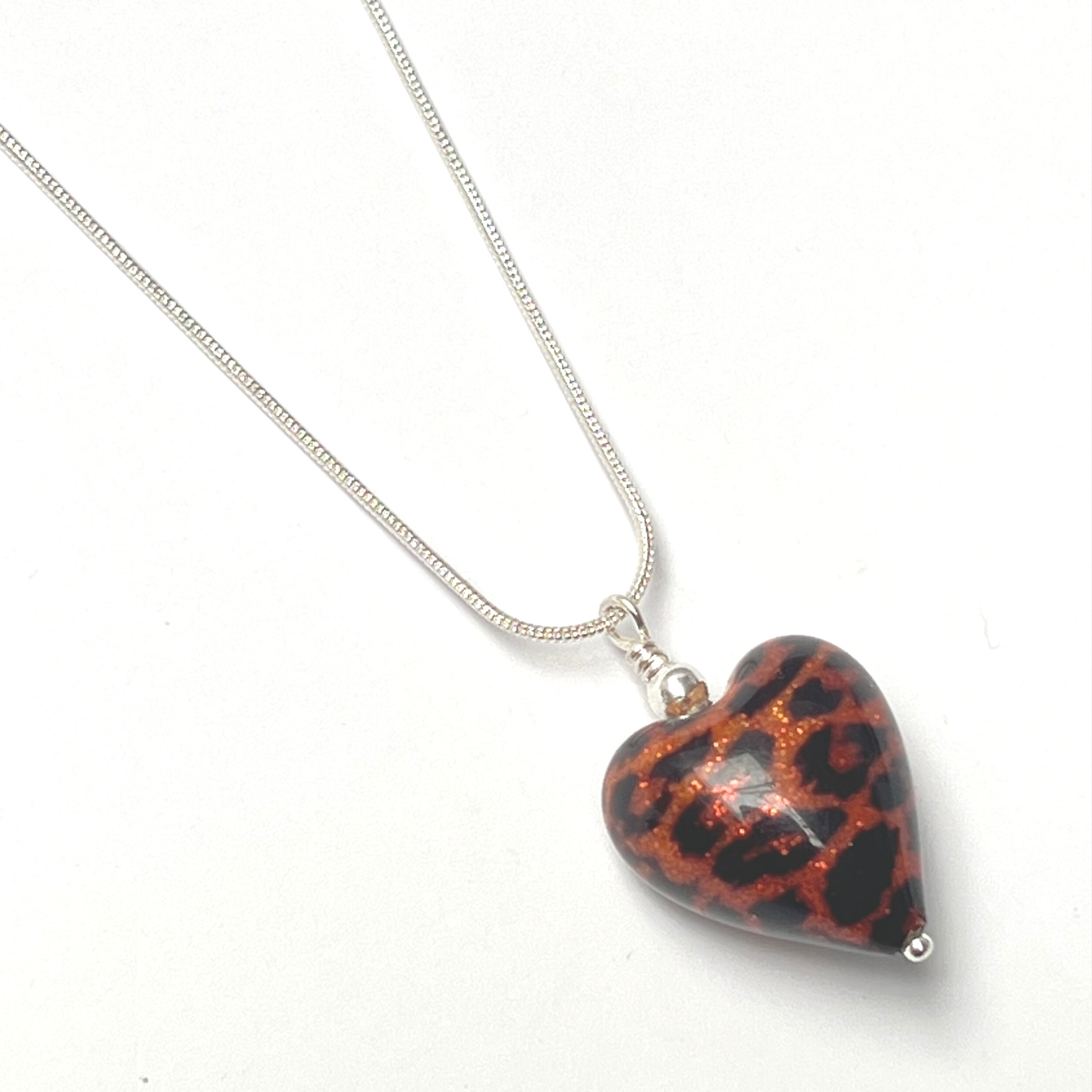 Murano Glass Heart Pendant - Copper Leopard - Majestico Gifts