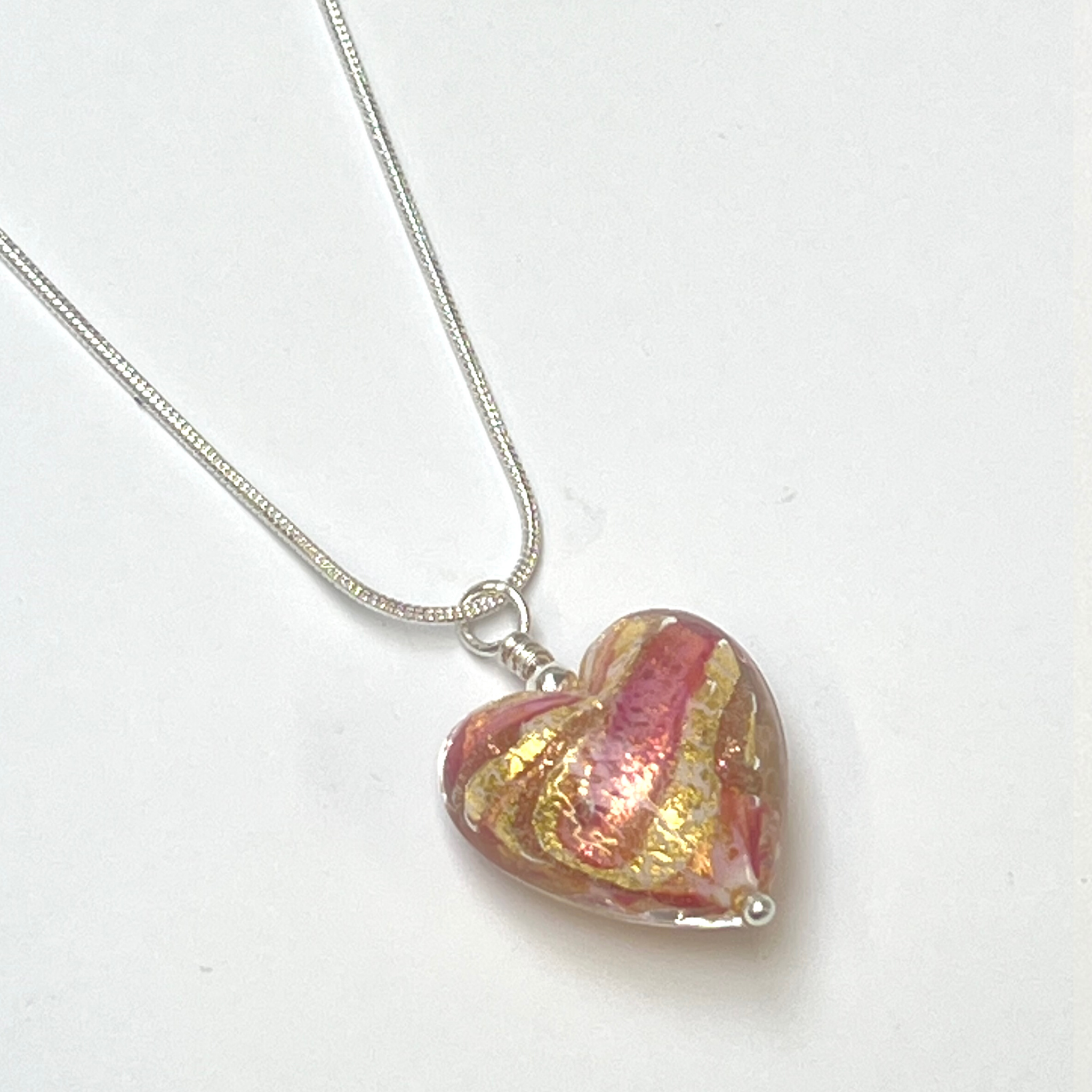 Murano Glass Heart Pendant - Raspberry Gold Swirl - Majestico Gifts