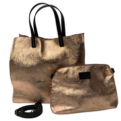 Stella - Leather Metallic Handbag with Pouch - Bronze