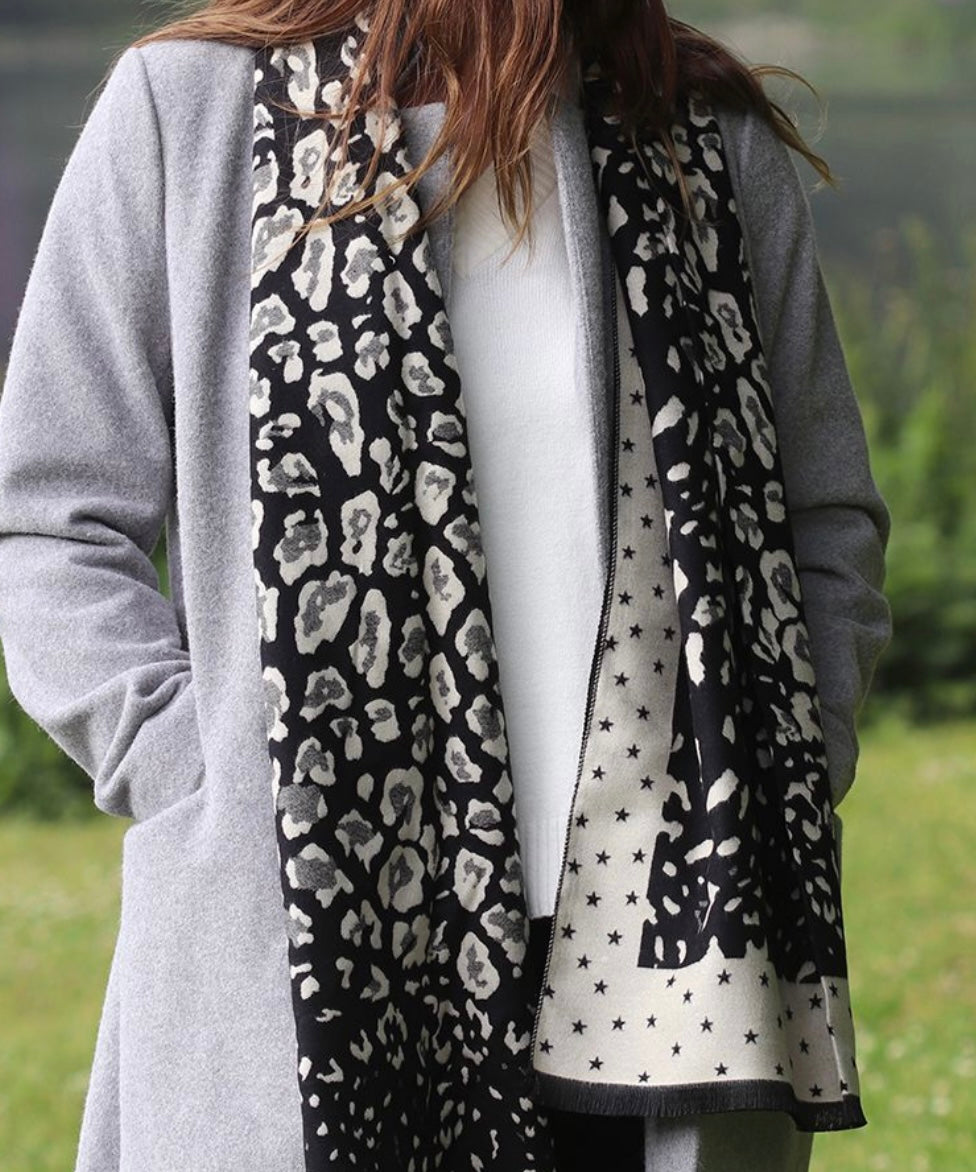 Scarf - Black/White Leopard Print Scarf - Majestico Gifts