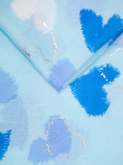 Blue Heart Print Scarf | Lightweight Gold Foil Viscose