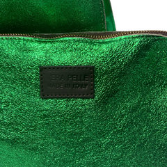 Stella - Leather Metallic Handbag with Pouch - Emerald Green