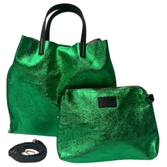 Stella - Leather Metallic Handbag with Pouch - Emerald Green