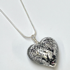 Murano Glass Heart Large Pendant - Black & Silver Sparkle - Majestico Gifts