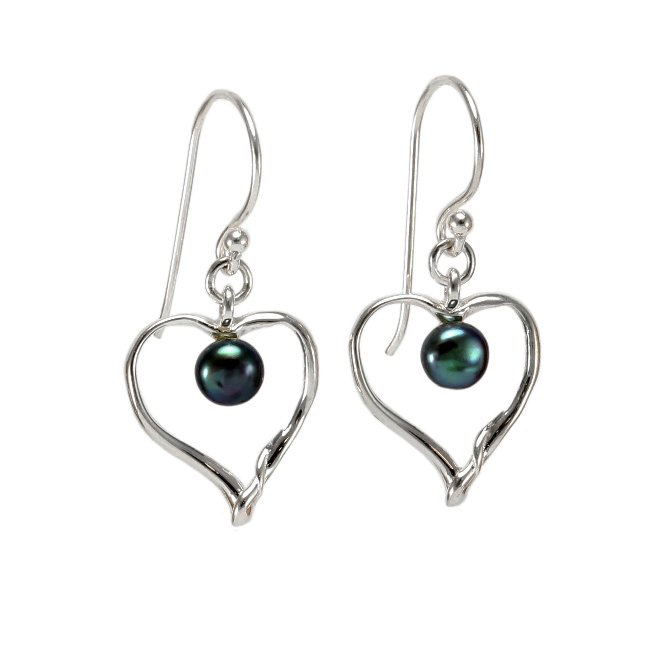 Silver Heart Earrings with Peacock Pearls - Sterling Silver - Majestico Gifts