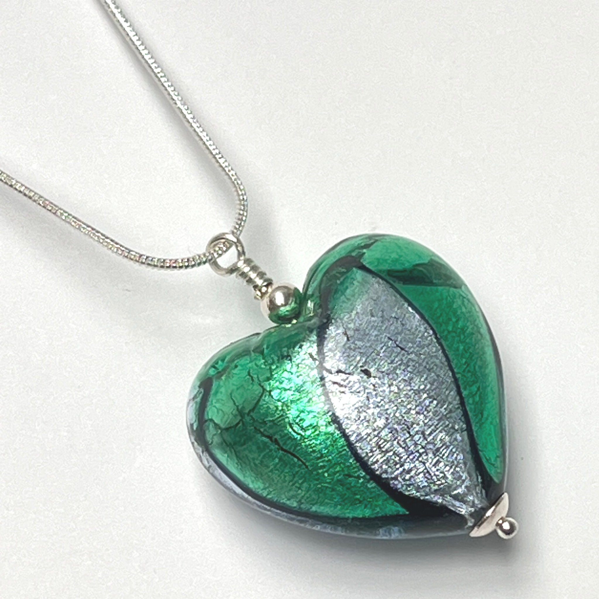 Murano Glass Heart Large Pendant - Emerald & Silver - Majestico Gifts