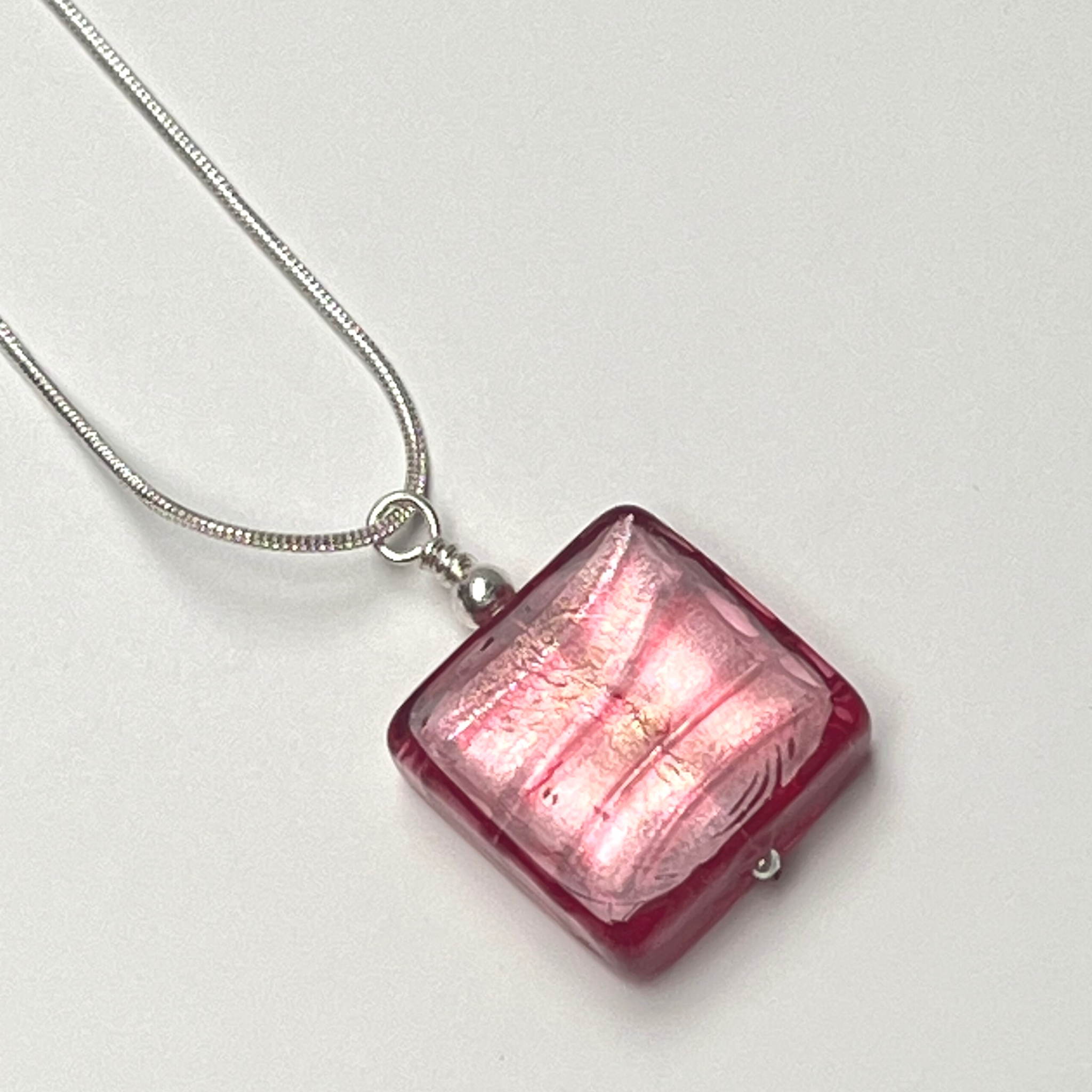 Murano Glass Square Pendant - Raspberry Ripple - Majestico Gifts