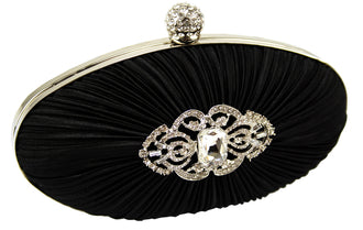 Black Crystal Satin Rouched Hard Case Evening Bag - Majestico Gifts